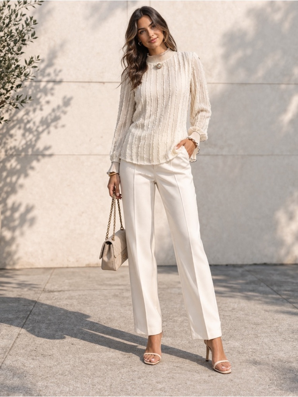 NEW NIANYIGE Women's Cream Striped Textured Long-Sleeve Lace Blouse Size Medium